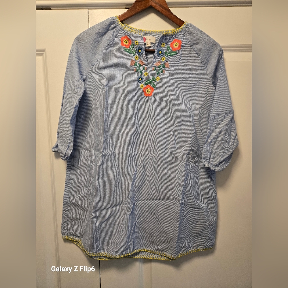 Boden, Girls Embroidered Floral Blue Striped Top, Size 11-12Y